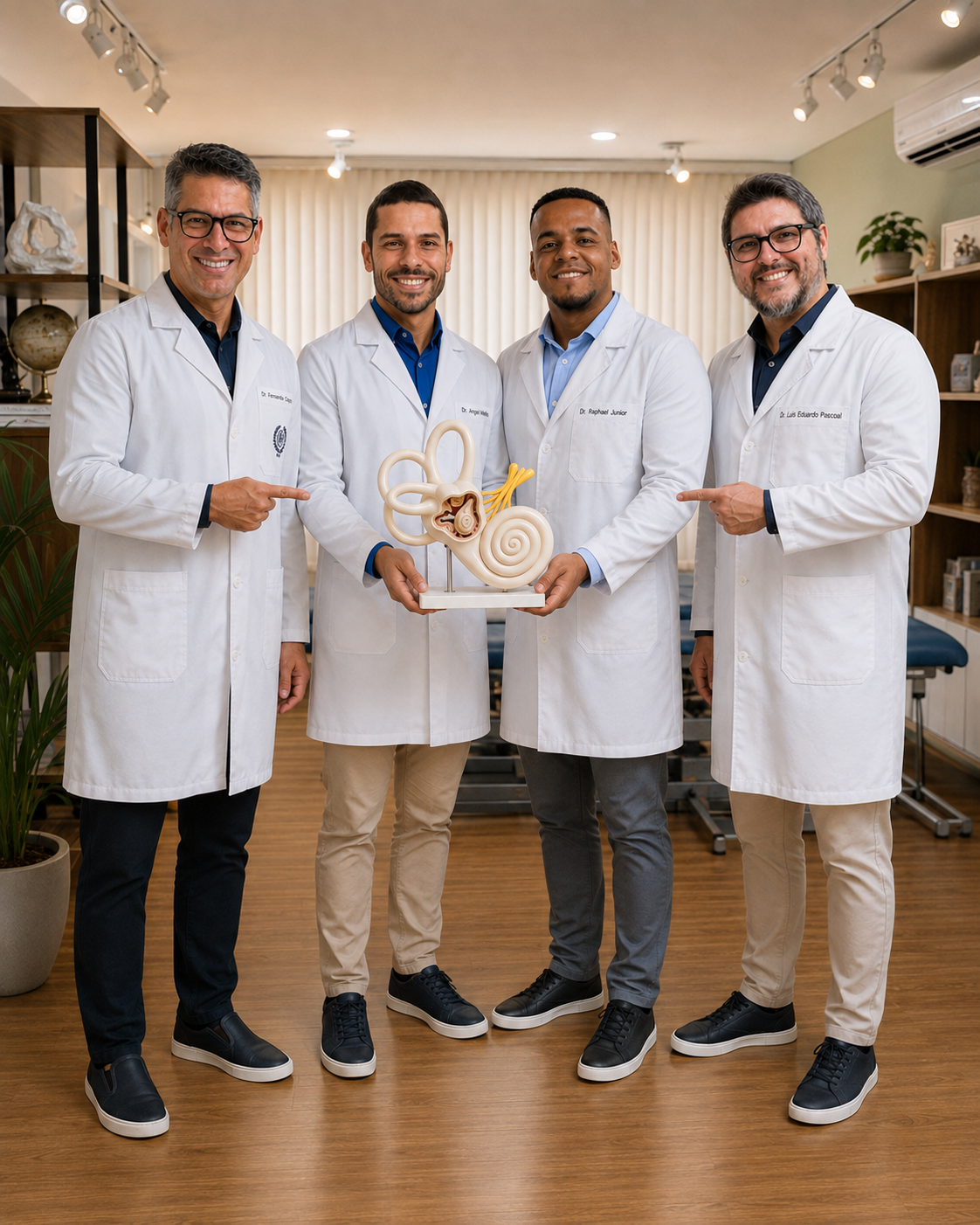 Os quatro fisioterapeutas sócios da EARFF em jaleco branco, posados em consultório clínico moderno, segurando um modelo anatômico do ouvido e sistema vestibular, apontando para o modelo, ambiente com piso de madeira, plantas e maca de fisioterapia azul ao fundo, iluminação natural, fotografia corporativa realista
