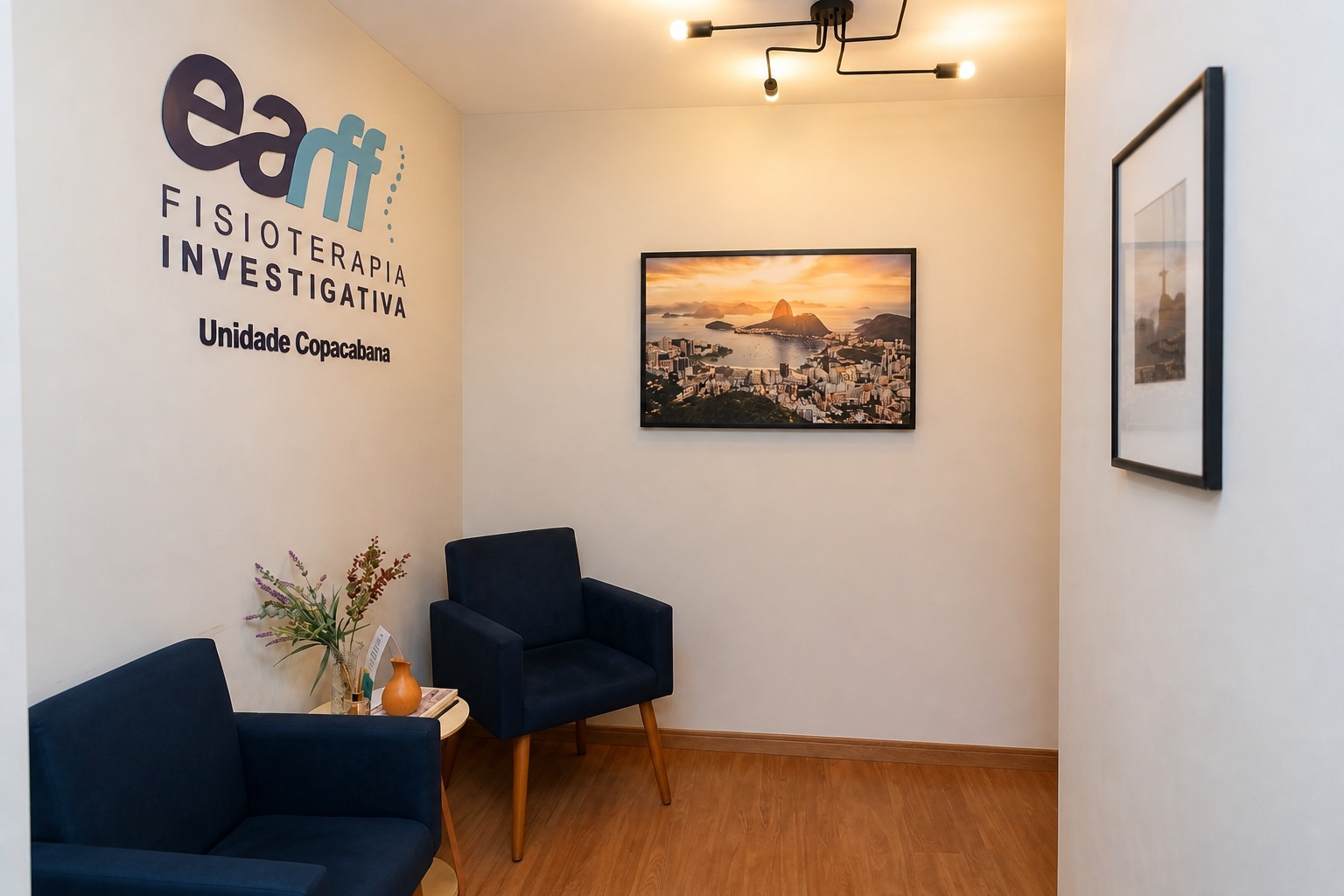 Corredor de acesso da unidade EARFF Copacabana, parede com logo EARFF Fisioterapia Investigativa e texto Unidade Copacabana, quadro com vista aérea do Rio de Janeiro e Pão de Açúcar ao entardecer, poltronas estofadas azul-marinho, piso de madeira clara, iluminação aconchegante, ambiente clínico moderno e sofisticado, fotografia profissional realista
