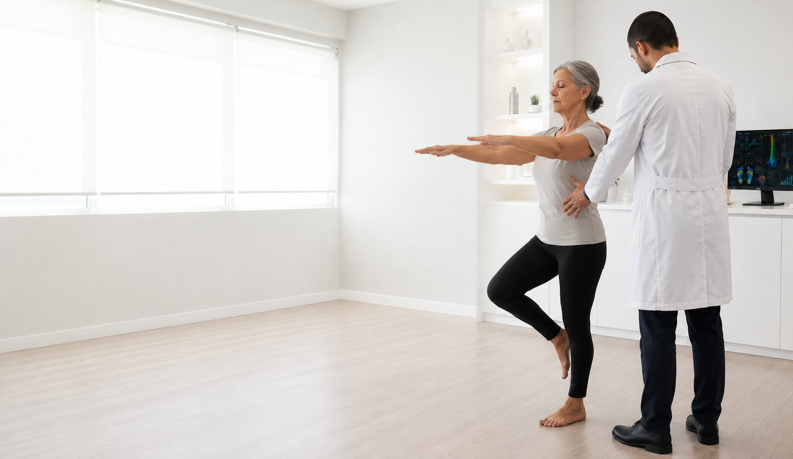 Fisioterapeuta realizando avaliação vestibular em paciente idosa, apoiando seu equilíbrio durante exercício em pé com braços estendidos, ambiente clínico moderno e clean com piso de madeira clara e paredes brancas, iluminação natural suave, fotografia profissional realista