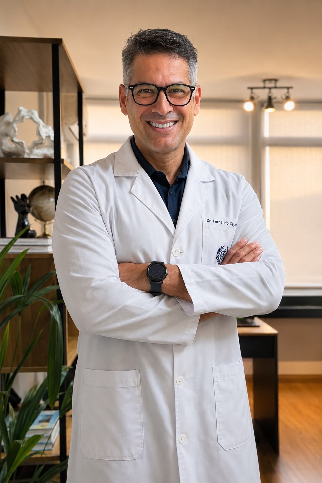 Retrato do Dr. Fernando Capristano, fisioterapeuta da EARFF, de jaleco branco com o nome bordado, braços cruzados, sorrindo, usando relógio, em consultório clínico moderno com estante decorada ao fundo, iluminação aconchegante, fotografia corporativa realista