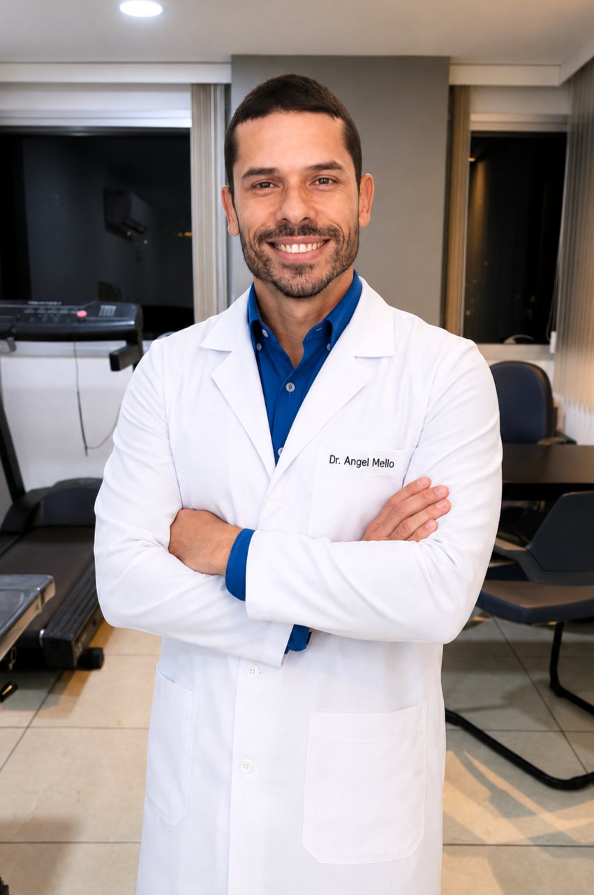 Retrato do Dr. Angel Mello, fisioterapeuta da EARFF, de jaleco branco com o nome bordado, braços cruzados, sorrindo, em consultório clínico moderno com equipamentos de fisioterapia ao fundo, iluminação natural, fotografia corporativa realista