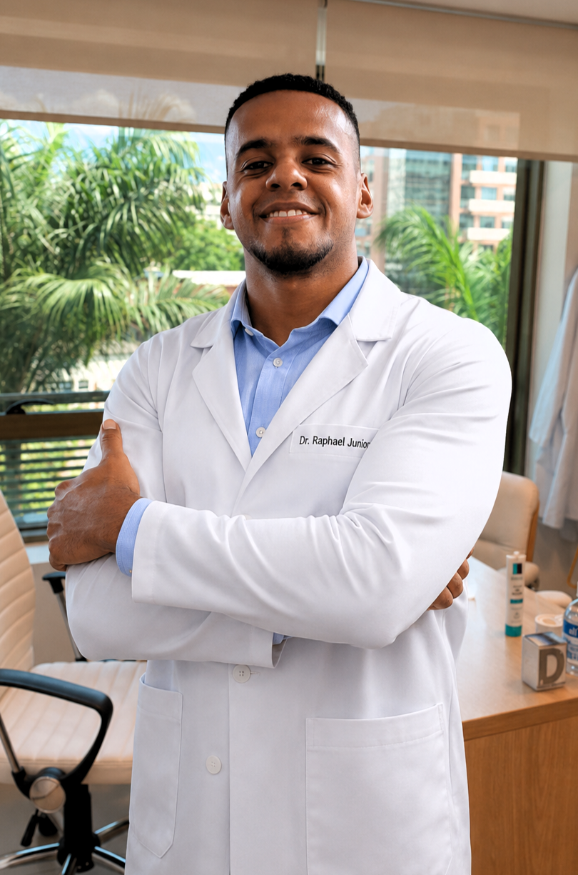 Retrato do Dr. Raphael Junior, fisioterapeuta da EARFF, de jaleco branco com o nome bordado, braços cruzados, sorrindo, em consultório clínico moderno com janela ao fundo e plantas, iluminação natural suave, fotografia corporativa realista